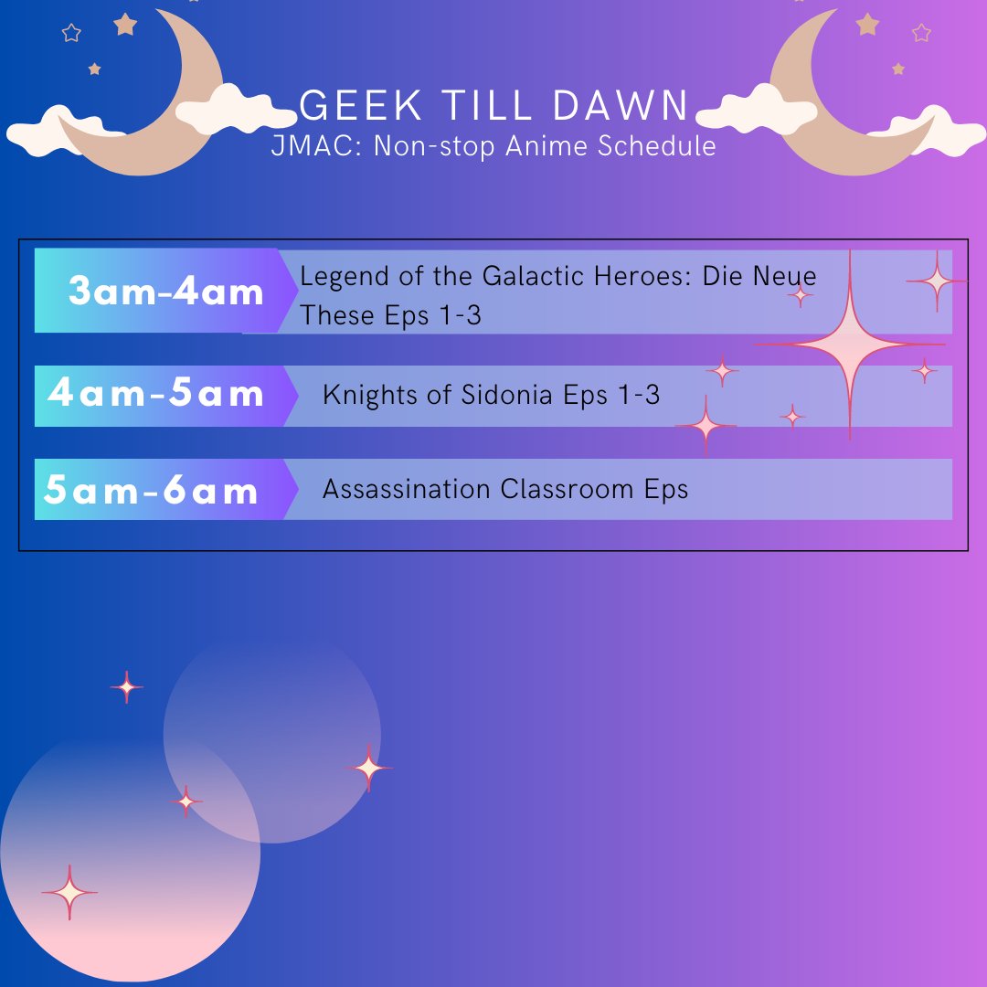 Oh my gosh guys, can you believe it!! <a href="/dpujmac/">JMAC DePaul</a> is showing anime all night long in room 708 at Geek Till Dawn in Space! 🌠🚀