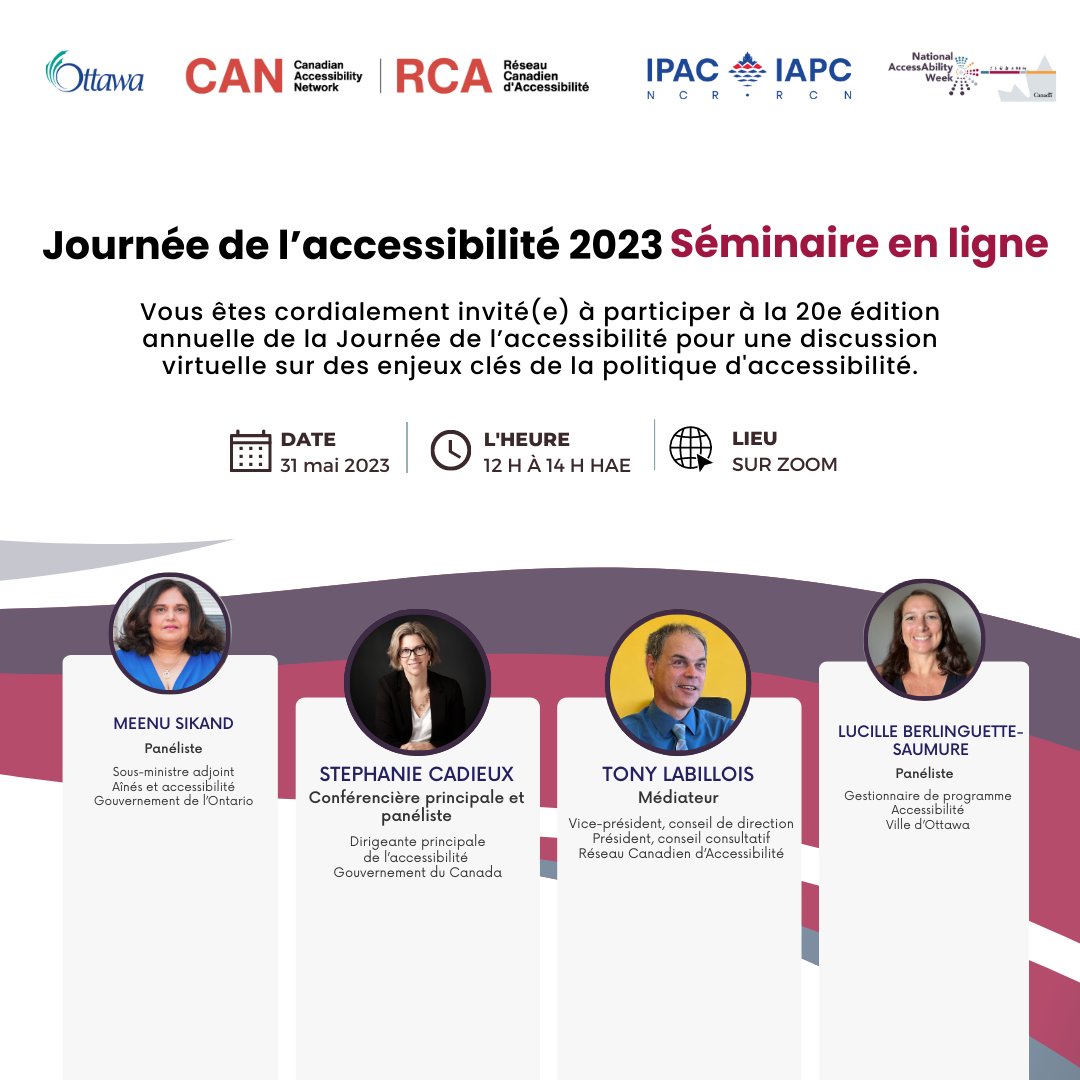 Au cours des prochains jours, nous passerons en revue notre programmation pour le prochain événement (le 31 mai) sur l’évolution de la législation et des politiques en matière d’accessibilité.
IAPC-RCN a organisé cet événement en partenariat avec <a href="/ottawaville/">Ville d'Ottawa</a> et <a href="/CANCollaborate/">Canadian Accessibility Network</a>