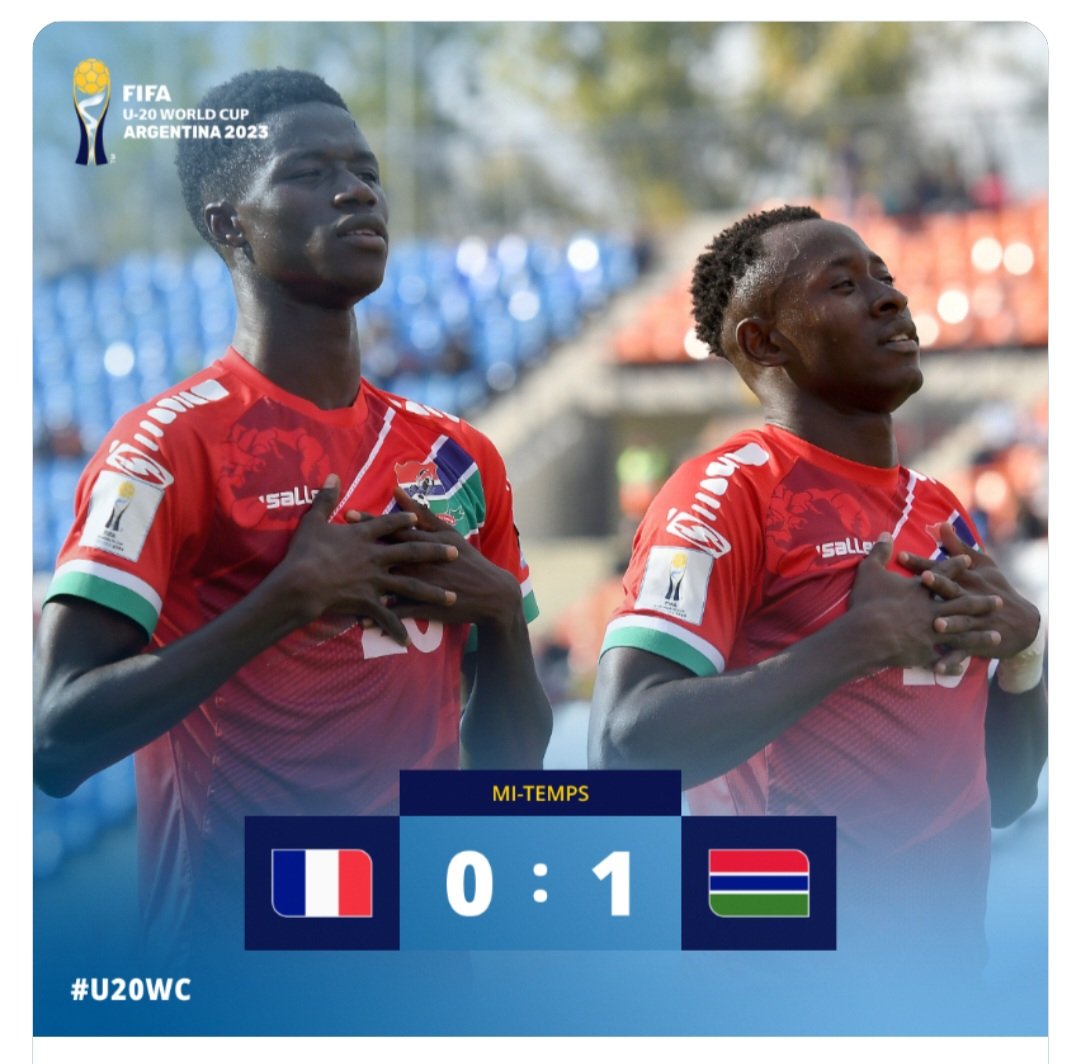 Coupe du monde : mi-temps 
les Gambiens  mènent au score face à l'@equipedefrance.

🇫🇷0⃣-1⃣🇬🇲

#U20WC