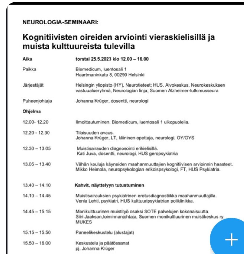 JohannaKrger2's tweet photo. Excellent lestures and discussions today at #Neurology seminar @BiomedicumH !🤩
How to assess #cognitive functions of individuals w/ different native #Language and #cultural backgrounds🧠 Happy to chair this very interesting seminar! #memoryclinic @SuomenAlzheimer @HelsinkiUniMed https://t.co/bwhzjL8RFk