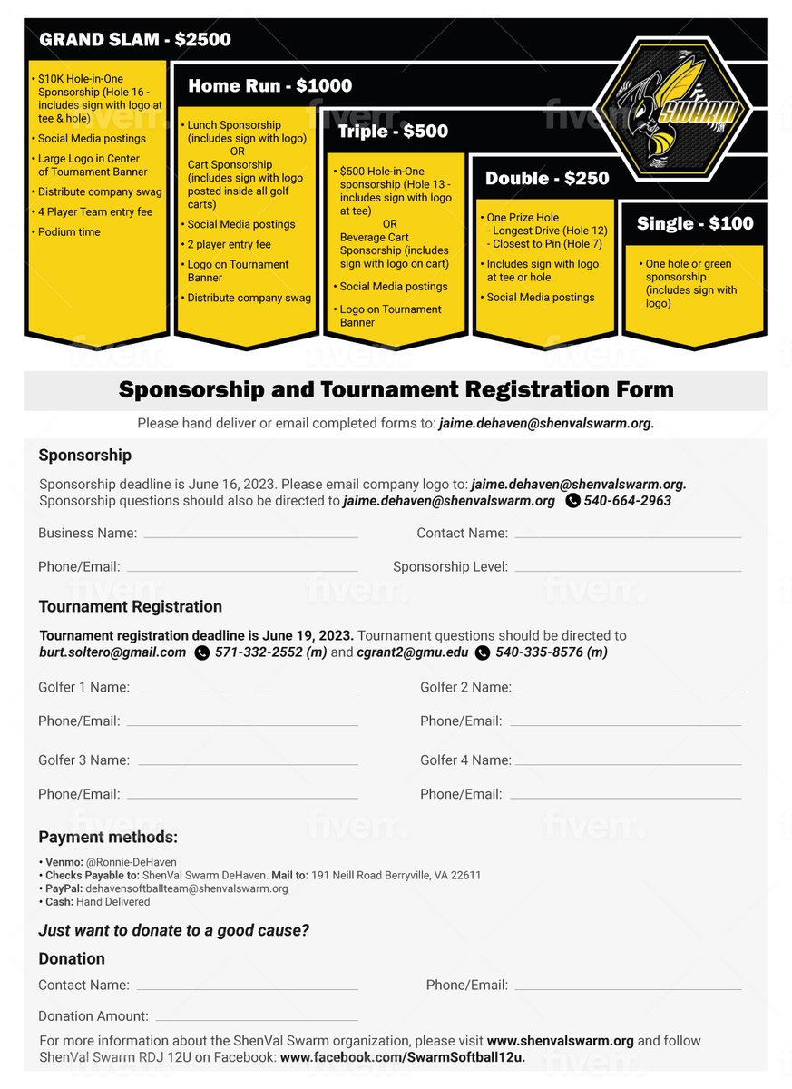 Join us June 23 for the ShenVal Swarm RDJ 12U Golf Tournament! Registration deadline in June 19! Hope to see you there!