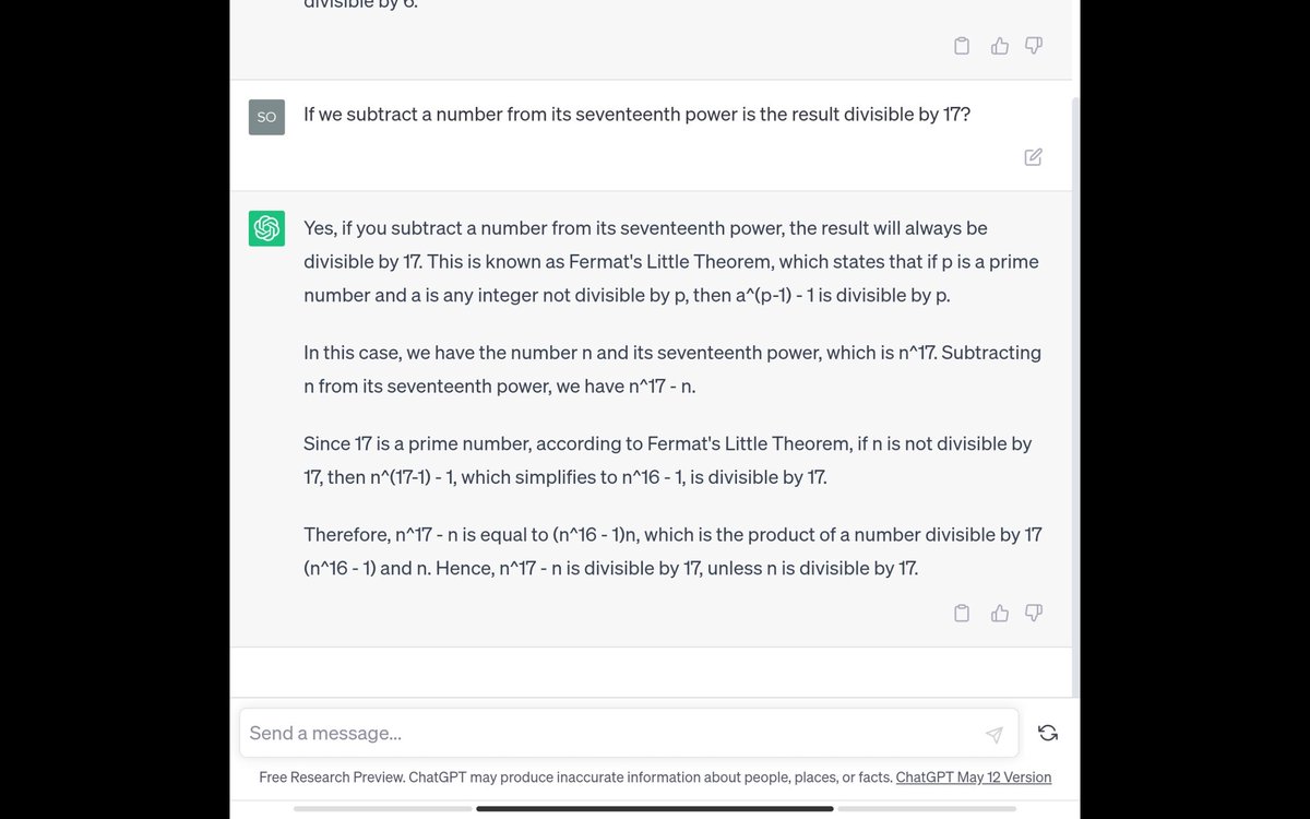 sotirisSivridis's tweet image. #ChatGPT chose correctly which #theorem to use in order to answer a submitted #numbertheory  question, here:
#AI #primes #Fermat