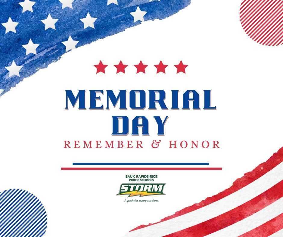 📢🙂Reminder: there will be no school for students and staff on Monday, May 29, in observance of Memorial Day. 
🇺🇸 Have a safe and happy holiday weekend.