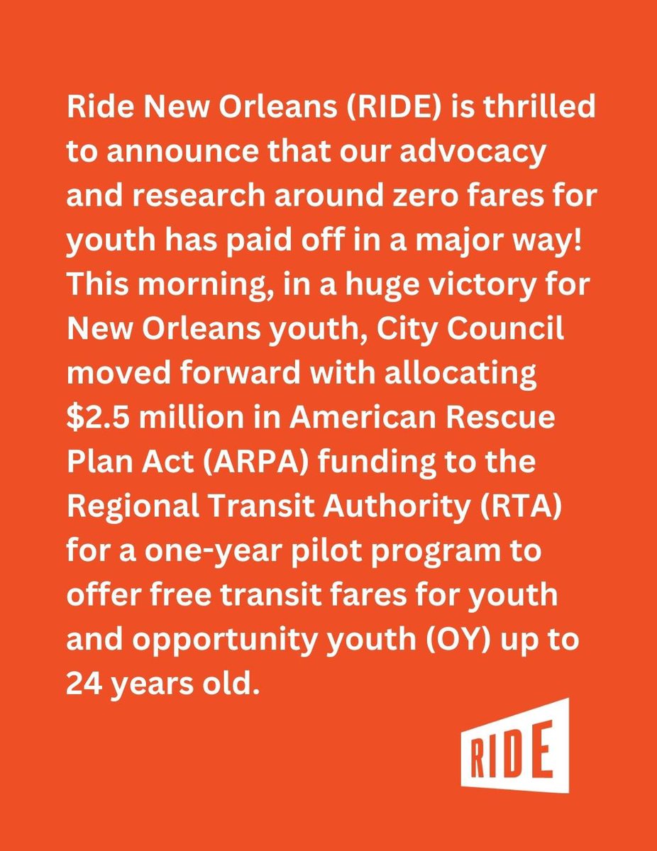 RideNewOrleans's tweet photo. Big news, y’all!

RIDE is thrilled to announce that our advocacy and research around zero fares for youth has paid off in a major way! https://t.co/LrcfEqk2r5