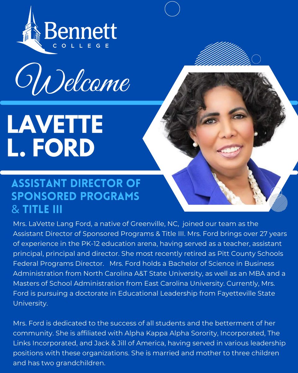 Welcome to Bennett College, Mrs. LaVette Lang Ford!

LaVette joins us as the Assistant Director of Sponsored Programs & Title III.
