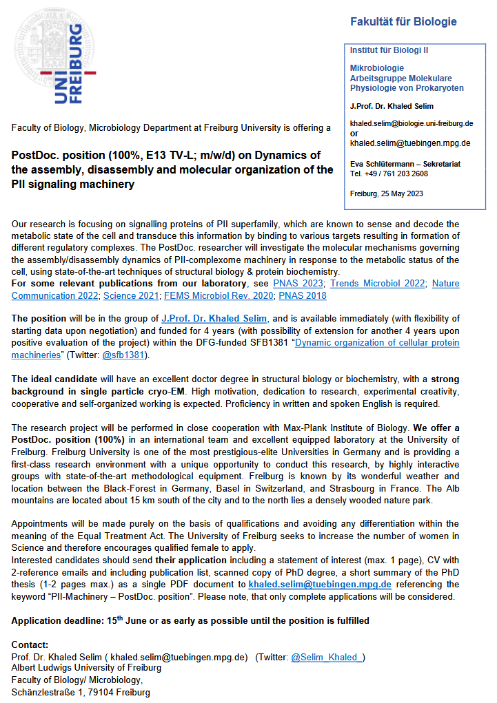 Khaled A. Selim (@selim_khaled_) on Twitter photo #joboffer
#SelimLab. has an open PostDoc. position (100%; available immediately) with strong focus on structural biology #CryoEM
Plz apply if you wanna join an international team <a href="/UniFreiburg/">Universität Freiburg</a> @sfb1381 <a href="/BUnifr/">Faculty of Biology - University of Freiburg</a>
Please RT and Spread the words
#PII #Signaling #protein #ScienceJobs #joboffer
#SelimLab. has an open PostDoc. position (100%; available immediately) with strong focus on structural biology #CryoEM
Plz apply if you wanna join an international team <a href="/UniFreiburg/">Universität Freiburg</a> @sfb1381 <a href="/BUnifr/">Faculty of Biology - University of Freiburg</a>
Please RT and Spread the words
#PII #Signaling #protein #ScienceJobs