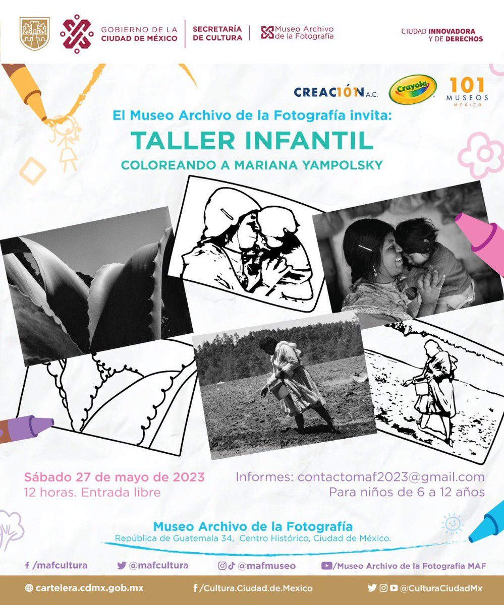 El Museo Archivo de la Fotografía te invita al Taller Infantil COLOREANDO A MARIANA YAMPOLSKY 😍🤩🌻
🍃🌱🌵🌧
Este sábado 27 de Mayo a las 12:00 en punto de la tarde ⌚️
No te lo puedes perder, ven con tus peques a disfrutar. 
#fotografia #tallerescreativos #museosdecdmx