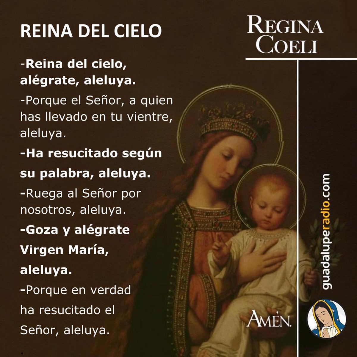 ¡Alégrate, Virgen María, que el Señor resucitó!
#ReginaCoeli
#GuadalupeRadio