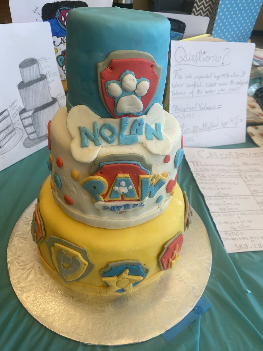 Today our #learningcommons played host to an assortment of cake designs in a real-life application of students’ knowledge of calculating the area &amp; volume of 3D shapes while designing a birthday cake for <a href="/MissAmoruso/">Ms. Amoruso</a>’s son! Designs ranged from baked cakes to 3D-printed designs 🎂