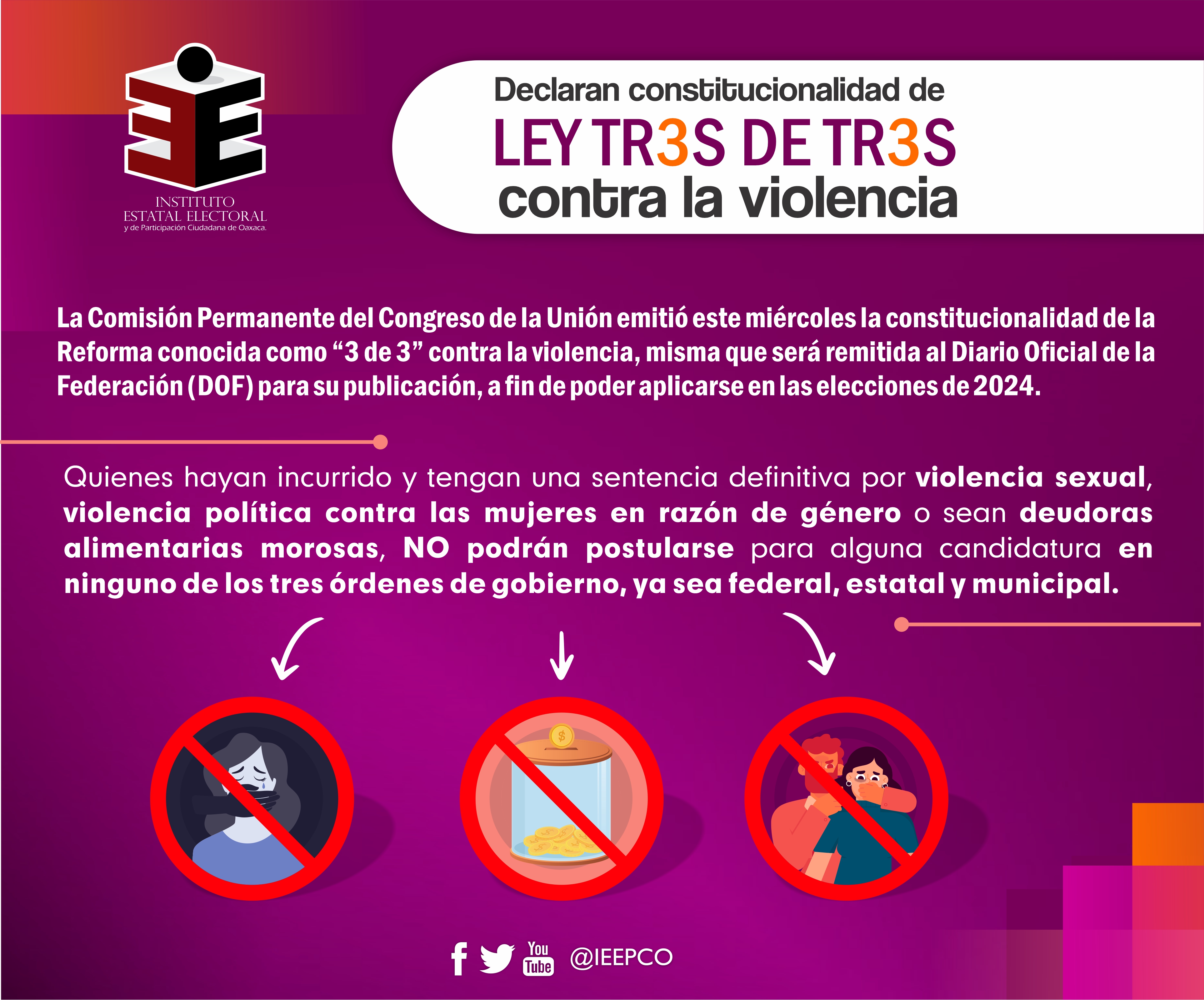 IEEPCO on X: "Con la declaratoria de Reforma Constitucional, la Ley  #3de3VsViolencia, se aplicará en las #Elecciones2024, un gran avance en la  lucha vs la violencia de género, gracias a ello, la