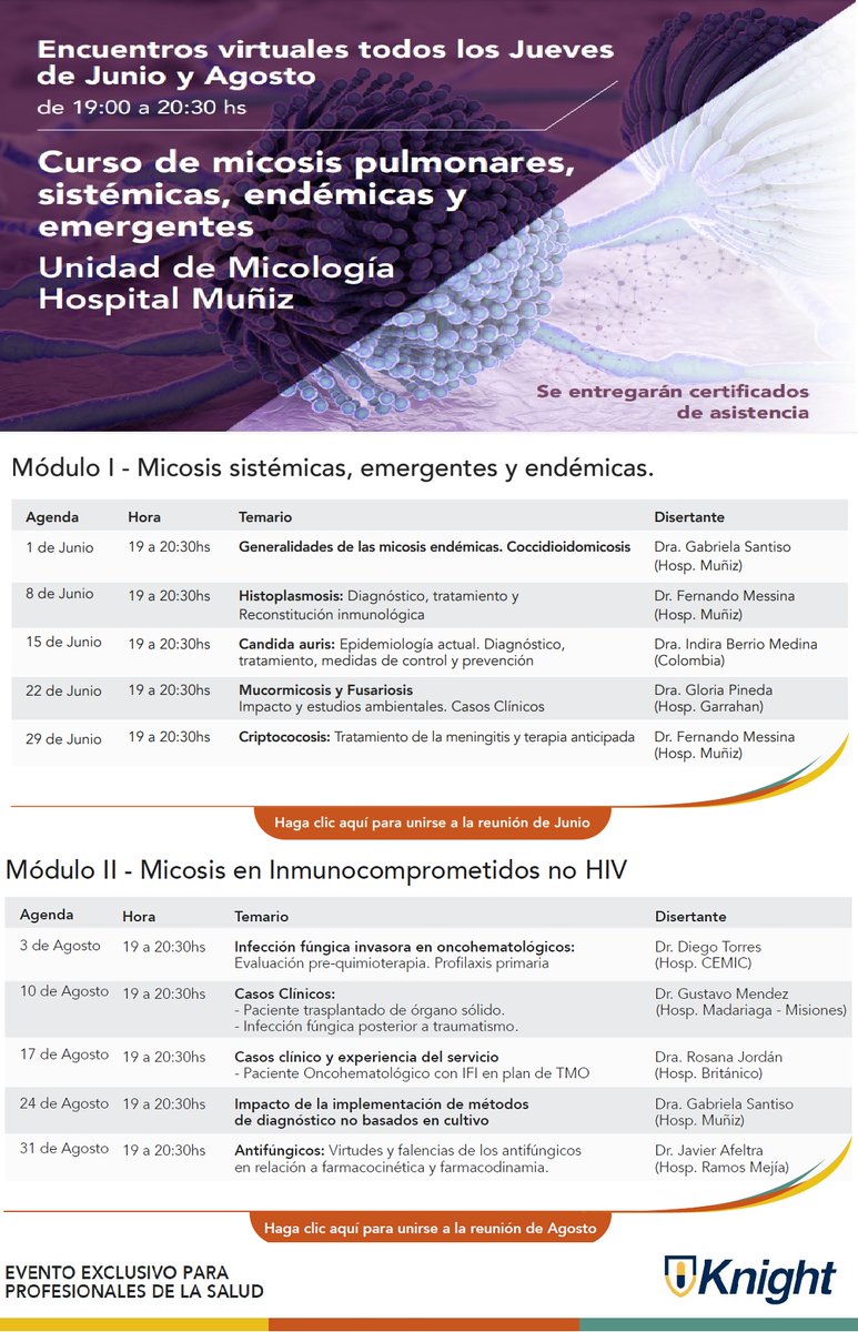 #CursoOnline #Micosis pulmonares, sistémicas, emergentes y endémicas. 
Invitados nacionales e internacionales
No arancelado. Solicitar pdf con link de acceso a micologiamuniz@gmail.com 
#mycology #mycosis #endemicmycoses #Candida #fungal #hematologic #fungalinfection