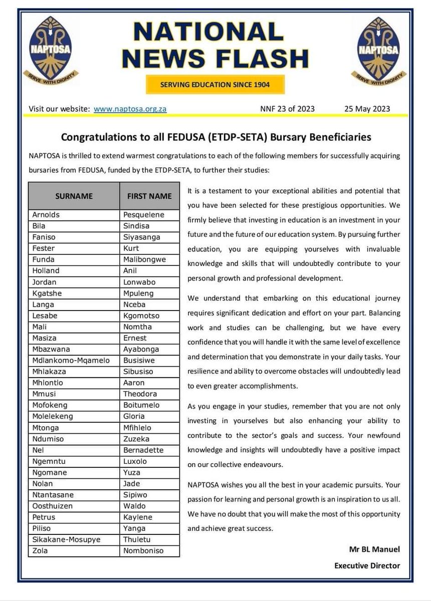 Congratulations to all FEDUSA (ETDP-SETA) Bursary Beneficiaries. #lifelonglearning #NaptosaCares #fedusacares #joinus