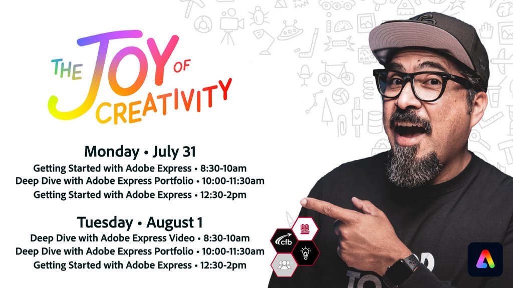 CFBDLS's tweet image. The DLS team is so excited to share some amazing Optimizing Outcomes sessions with Claudio Zavala from Adobe For Edu! ✨ You can explore ways to use Adobe Express, Portfolio and Video! @ClaudioZavalaJr #AdobeForEdu @AdobeExpress #AdobeEduCreative #CFBDigitalLearning 🔗Link in Bio
