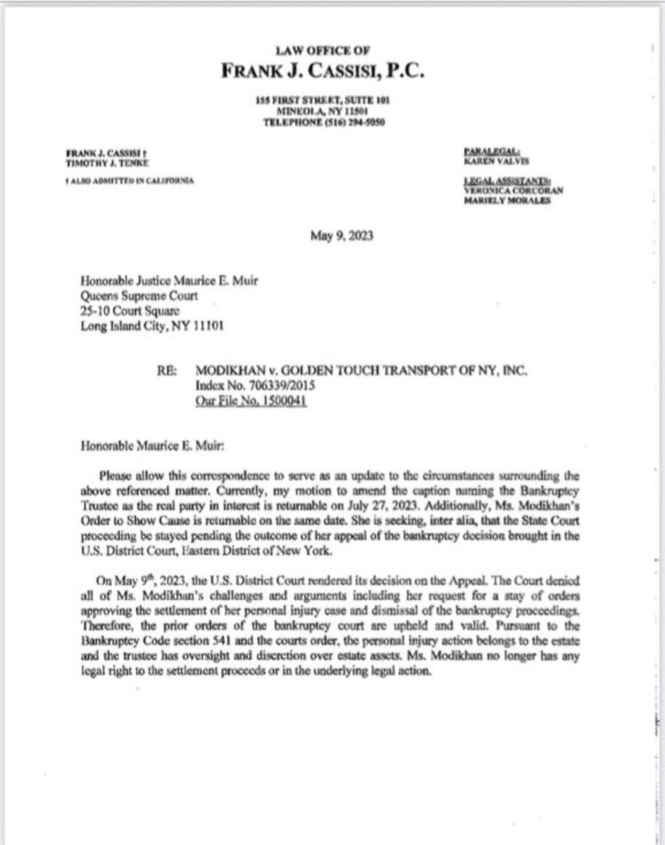 allimadi's tweet photo. Emboldened by Judge #MazerMarino & @EDNYnews lawyer #Cassisi & Trustee #Nisselson now want to replace #Modikhan’s name from her $5 million #GoldenTouch lawsuit Case #706399/2015 before Judge #MauriceMuir @Chalfen #MargueriteGrays @NYSCourtsNews
per #TimothyTenke esq. letter. https://t.co/5NbcLpWQen