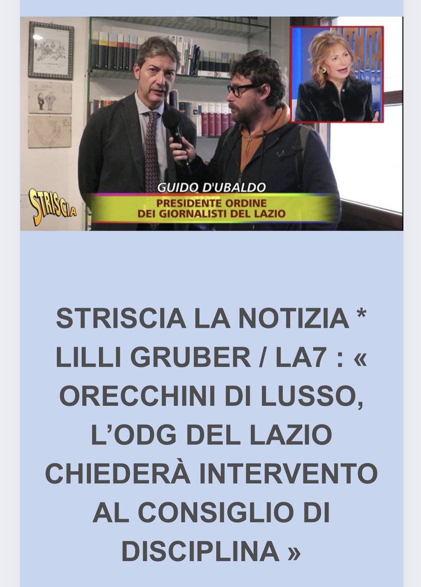 fratotolo2's tweet image. L’Ordine dei giornalisti del Lazio chiederà al consiglio di disciplina di procedere sull’affaire dei gioielli indossati da anni da #LilliGruber.
#StriscialaNotizia