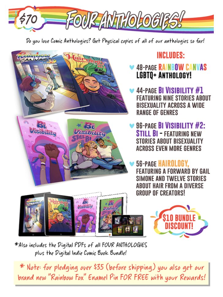 Don't just grab one anthology grab FOUR - Bi Visibility: A Bisexual Anthology, Rainbow Canvas, AND Hairology!

kickstarter.com/projects/comic…