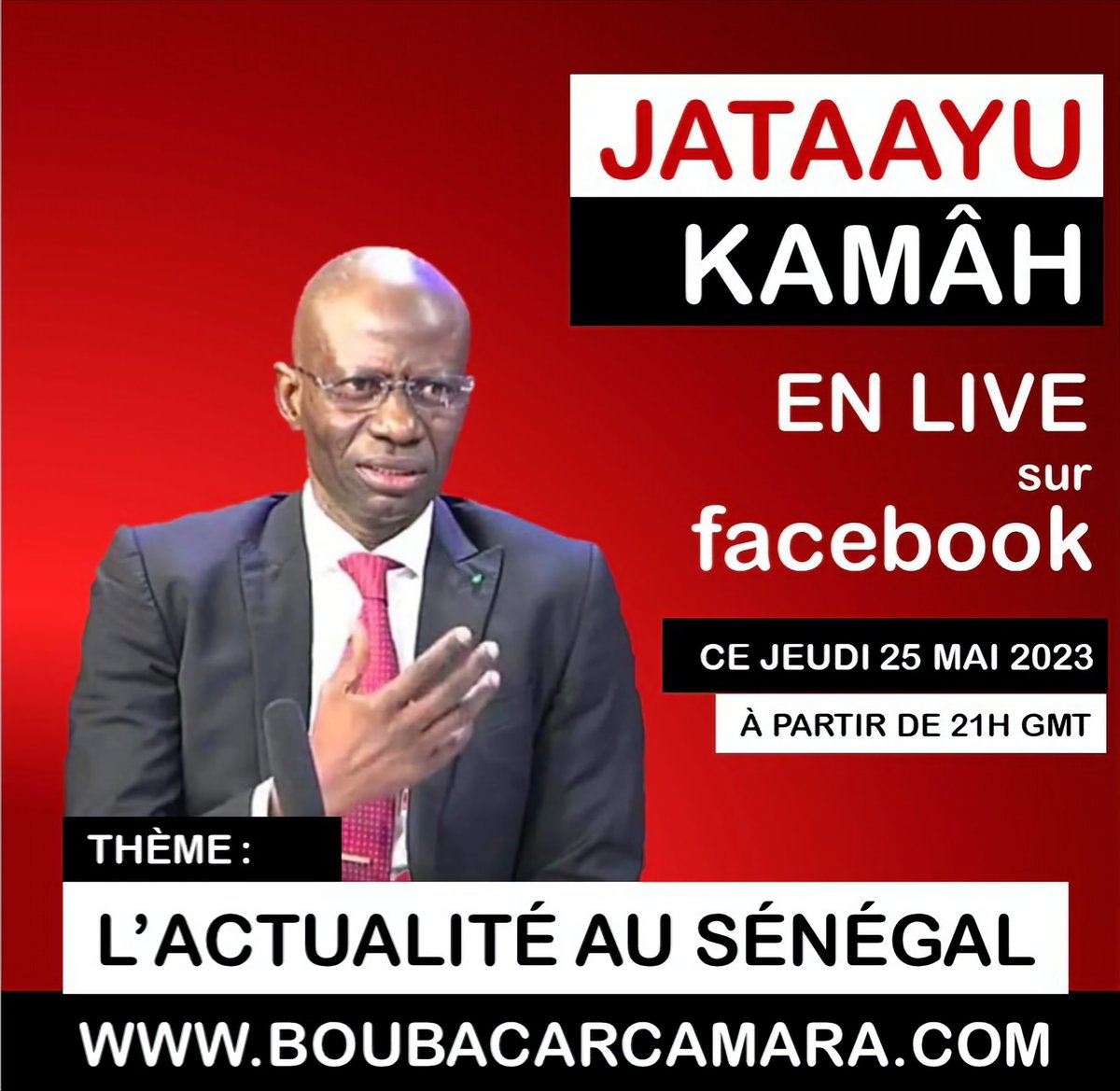 Cher réseau, 
Nous vous retrouvons en LIVE FACEBOOK (JATAAYU KAMÂH) ce jeudi 25 mai 2023 à 21H:00 GMT pour aborder l'actualité nationale. 
#Jengu #Tabax #Sénégal #kebetu #sénégalais #senegalaise #livefacebook #Actualité #JATAAYU #Kamâh