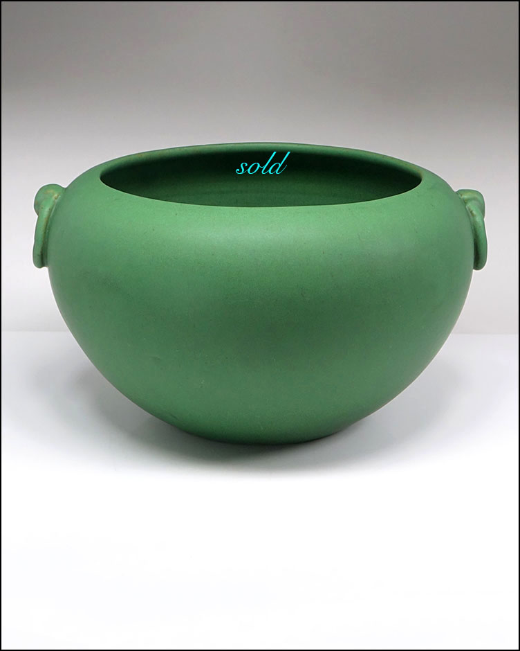 Sold~Thank you! From our booth (C1) at Key To The Past Antique & Design Center, East Haven, CT. Great Arts & Crafts matte green bowl, likely by Weller. #TwoGuysAndADog #WellerPottery #ArtPottery #ArtsAndCrafts #MissionEra #MatteGreen