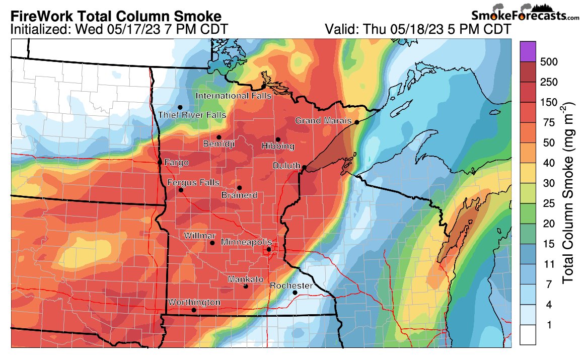 smokeforecasts's tweet photo. 🔥💨 Heatwaves and drought in Canada are fueling an early-season influx of wildfire #smoke into the United States this week from the north. Hazy skies, reduced visibility &amp; degraded air quality are expected across parts of the nation #MTwx #Chicago #MSP #WYwx #NEwx #MNwx #ILwx https://t.co/K5WbZDUWty