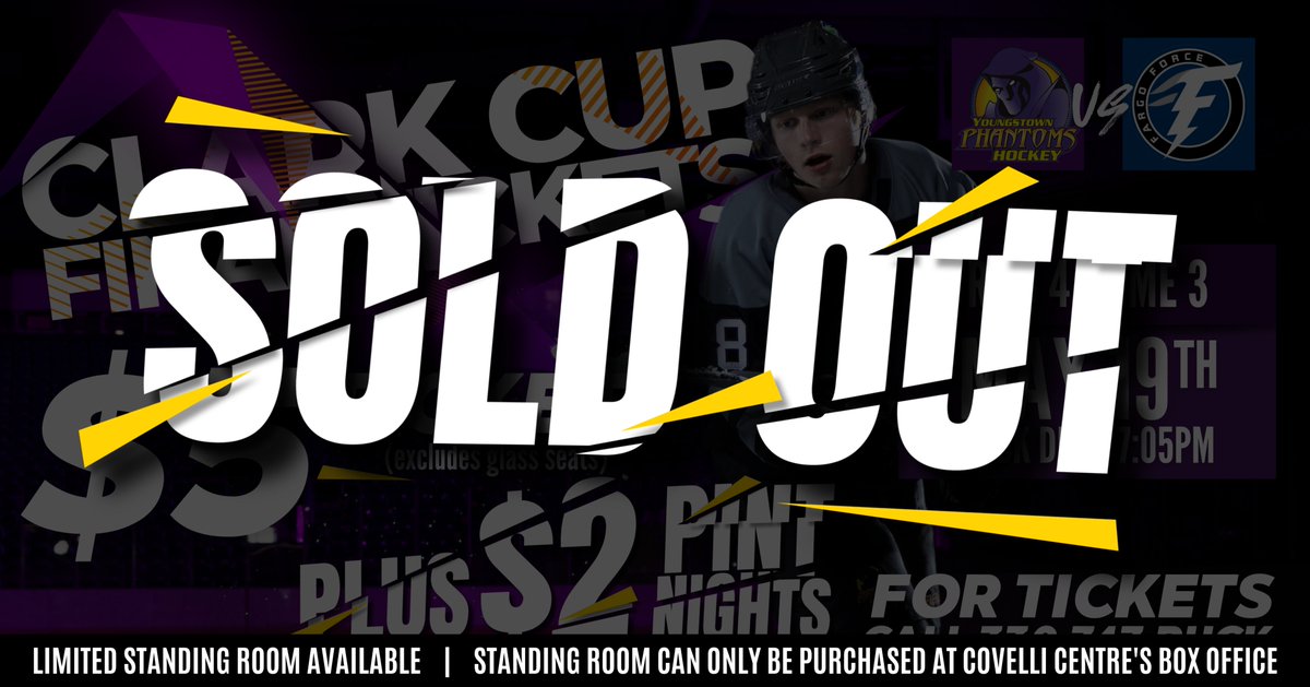 YtownPhantoms's tweet photo. SOLD OUT FOR FRIDAY'S GAME!

Individual seats are still available. Standing room is now available. To purchase your standing room tickets you must go to the Covelli Centre box office. The box office is located inside the Bistro 1907 Main Entrance of the Covelli Centre. https://t.co/cnBtltzJNa