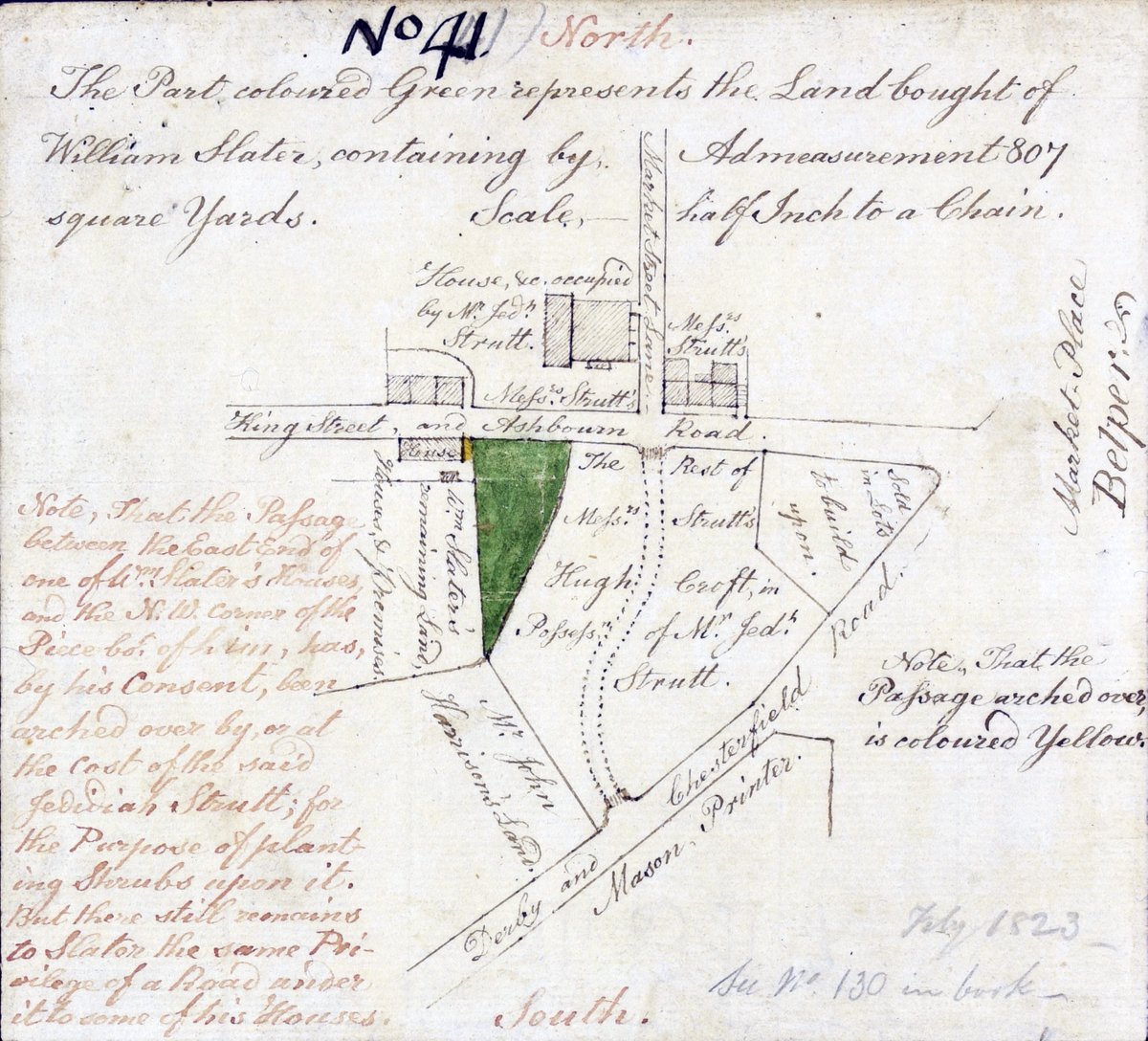This neatly annotated 1823 plan is one of the smallest in our collection, measuring only 17 x 16 cm. It shows land adjoining King Street, in Belper (coloured green) bought by Jedediah Strutt II from William Slater.

#ExploreArchives #LocalandCommunityHistoryMonth #Derbyshire