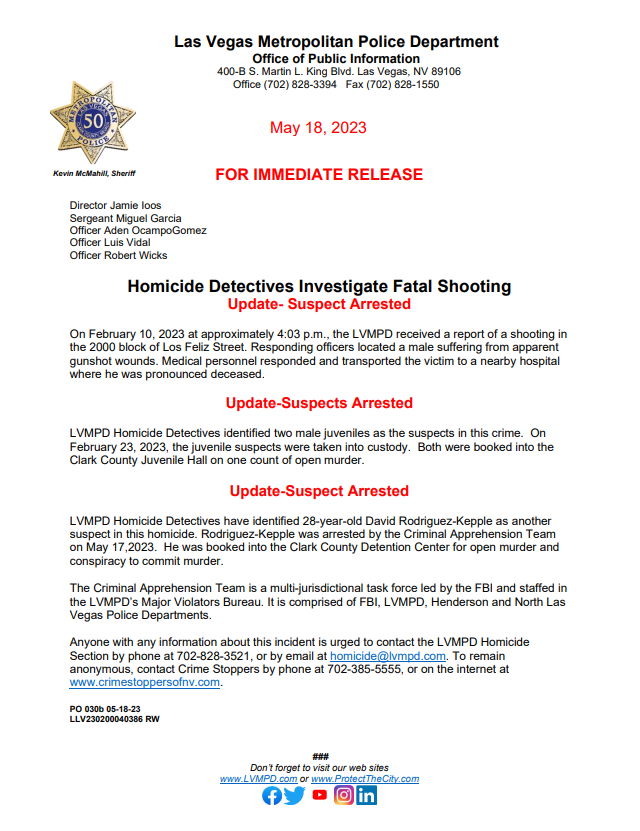 LVMPD's tweet photo. 28-year-old David Rodriguez-Kepple was arrested in connection with a homicide that occurred on February 10, 2023, near Lake Mead Blvd and Los Feliz St.  Click below for additional information. https://t.co/OMTHGghf50