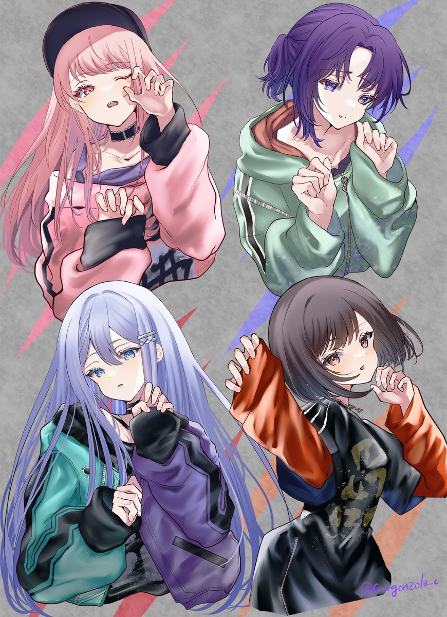 multiple girls long hair 4girls jacket pink hair short hair choker  illustration images