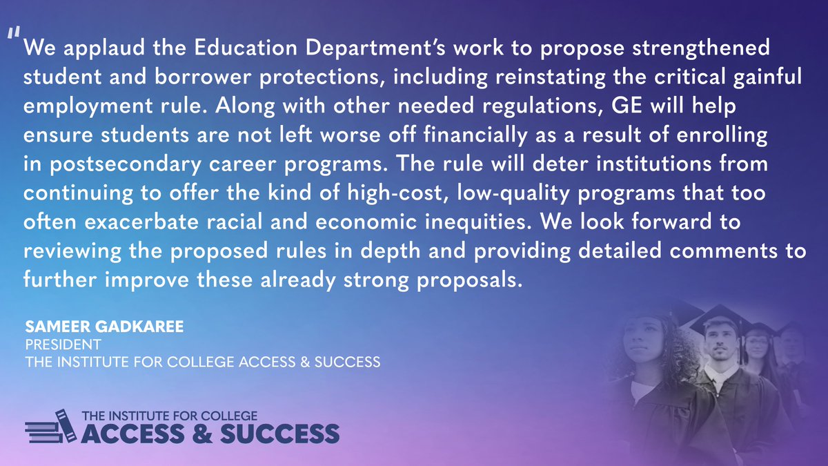 TICAS applauds @usedgov's efforts to #protectborrowers and ensure programs deliver valuable skills for successful postsecondary & workforce outcomes. Our statement on ED's proposed accountability rules: bit.ly/3MEJ6We