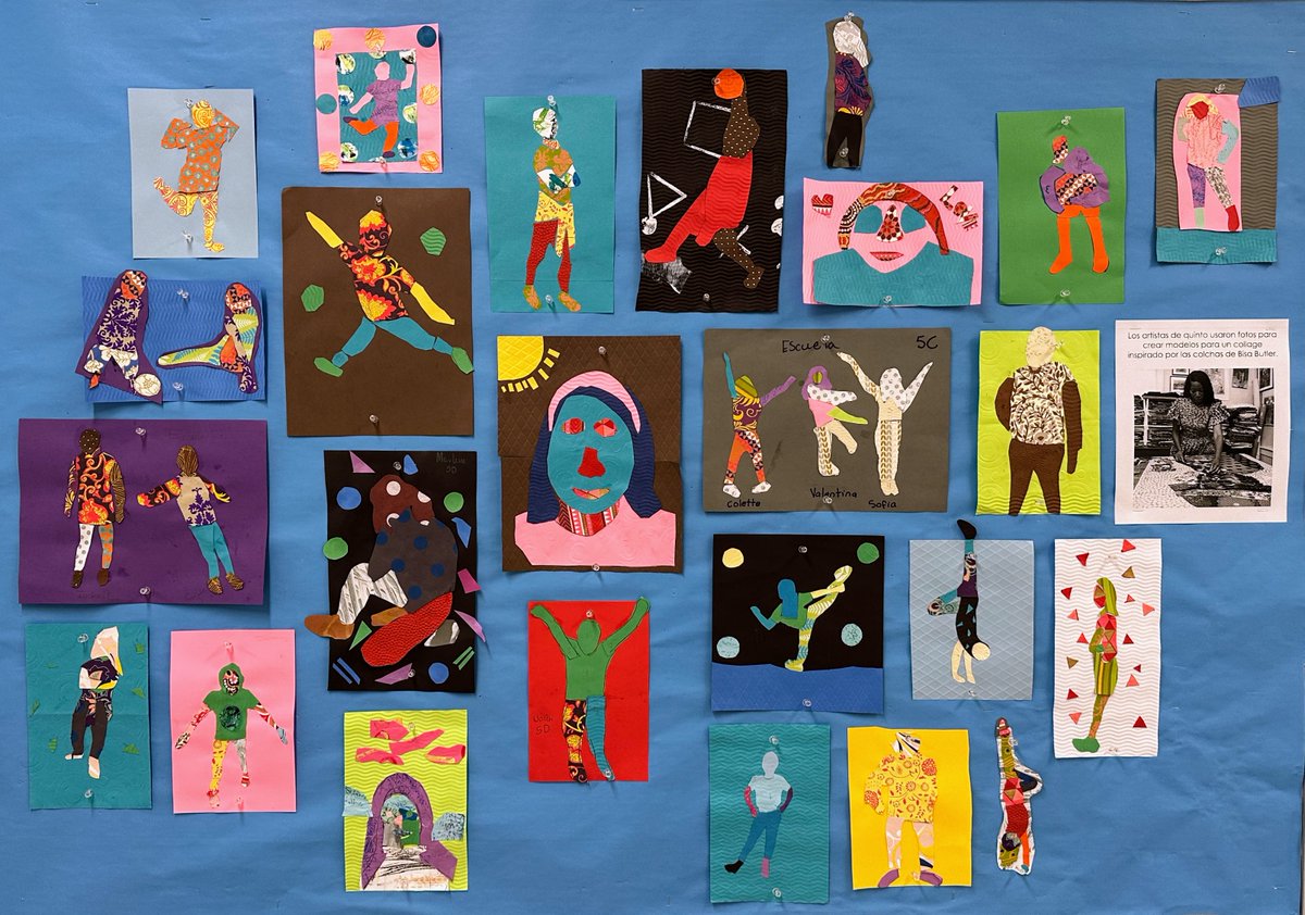 arteescuelakey's tweet photo. Los de quinto se tomaron fotos y las cortaron en pedazos. Usaron los pedazos como modelos para trazar y cortar papel de colores. Pegaron los papelitos en un collage inspirado por las colchas de Bisa Butler. @EscuelaKeyAPS @APSArts https://t.co/yifCXoA8Dg