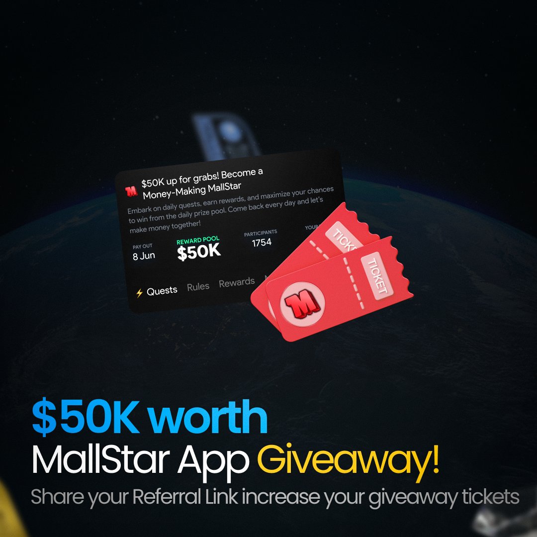 💫 Calling all Mallstar

New Feature on Mallstar App- $50K WORTH #Giveaway 🎉 

Earn valuable tickets by completing app tasks 🎟A total of 2,432 tickets will be rewarded🎁

Get more tickets by sharing your referral link with your friends. ⏰Join NOW! 👇
app.mallconomy.com/giveaway/affil…