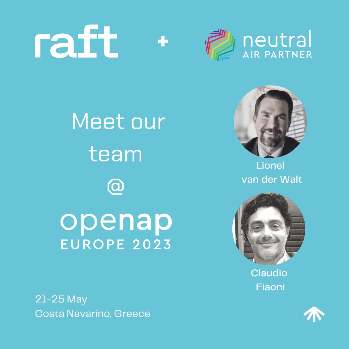 Raft_ai's tweet photo. Next week we're landing in Greece for Neutral Air Partner #OPENAP23! Lionel van der Walt and Claudio Fiaoni will be on hand to meet with air cargo experts and learn more about your automation needs.
#aircargo #logistics #openapeurope #intelligentautomation https://t.co/GKA6eydYzb
