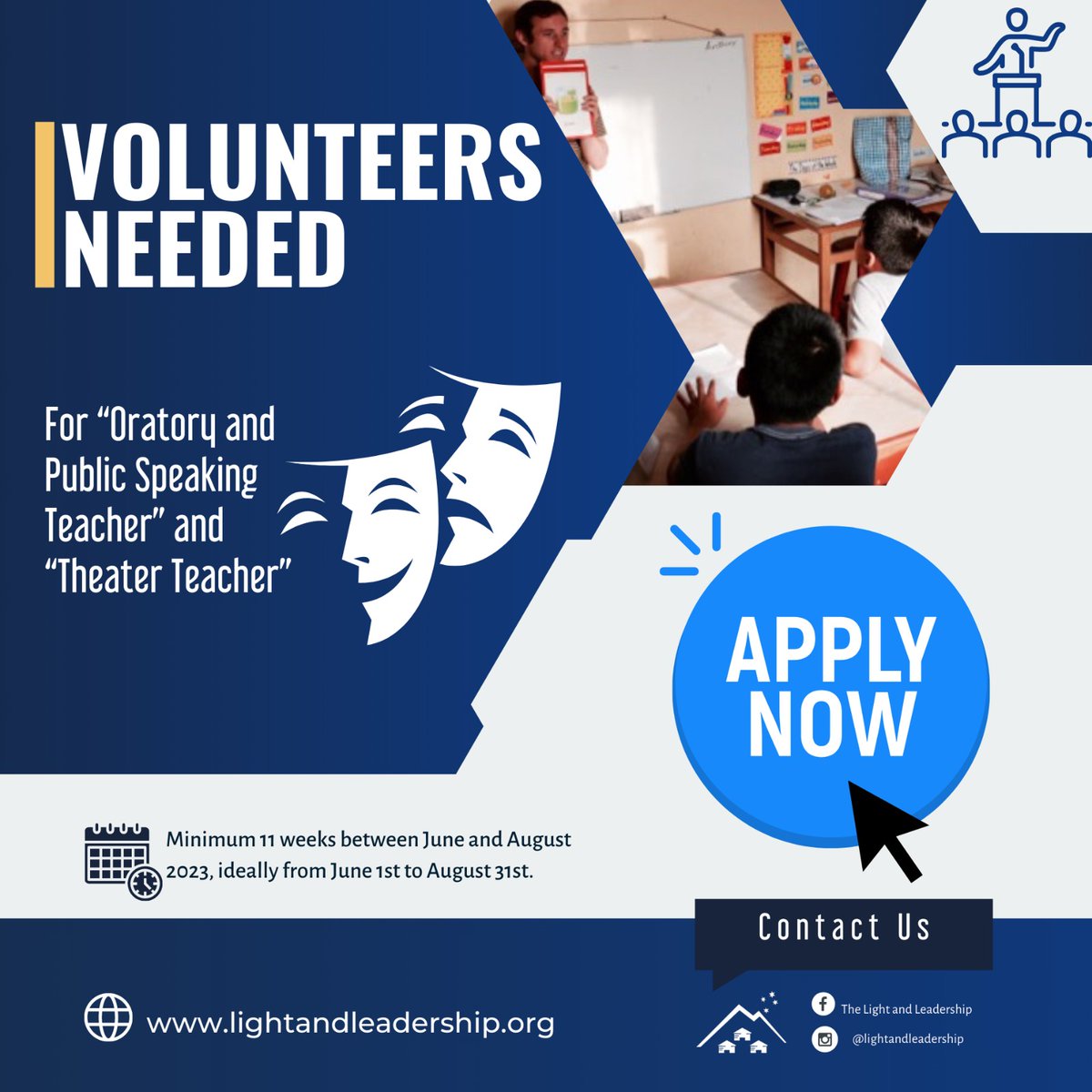 lliperu's tweet photo. International volunteer🎭 "Theater Teacher" "Oratory and Public Speaking Teacher"How to Apply: Send your CV and motivation letter to volunteer@lightandleadership.org #TheaterTeacher #PublicSpeakingTeacher #Huaycán #ArtsEducation #Volunteers #Theater #Oratory #Speaking #peru https://t.co/ZCyi3tq0Dx