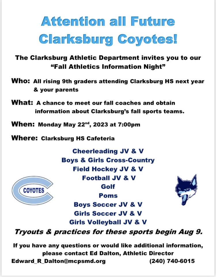 Can’t wait to see all of our #classof2027 Athletes on Monday, May 22nd!! <a href="/CHSCoyotes/">Clarksburg Athletics</a> <a href="/Cburg_Coyotes/">Clarksburg HS 🐺</a> #coyoteblue