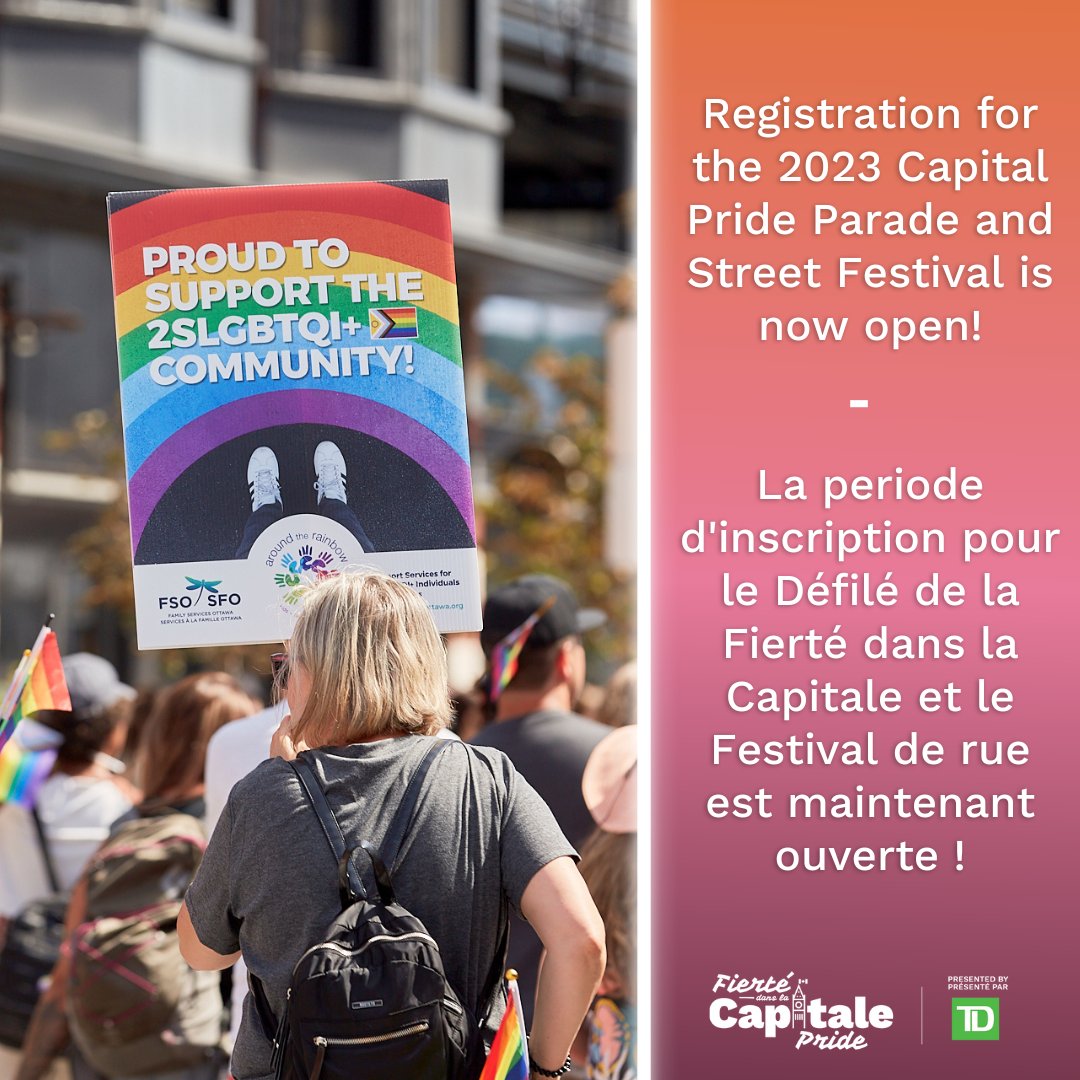 Registration for the 2023 Capital Pride Parade &amp; Street Festival is now Open! 
-
L'inscription pour le Défilé de la Fierté dans la Capitale et Festival de rue est maintenant ouverte! 
capitalpride.ca/2023-festival/