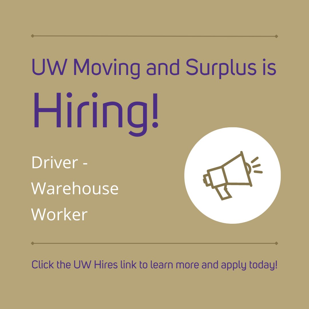 We're hiring for a Driver - Warehouse Worker to assist in supporting the moving needs of our UW campus community.

If you're searching for a stable job with great benefits, look no further!

Visit UW Hires for more info and apply today:
bit.ly/3Mkcy2B