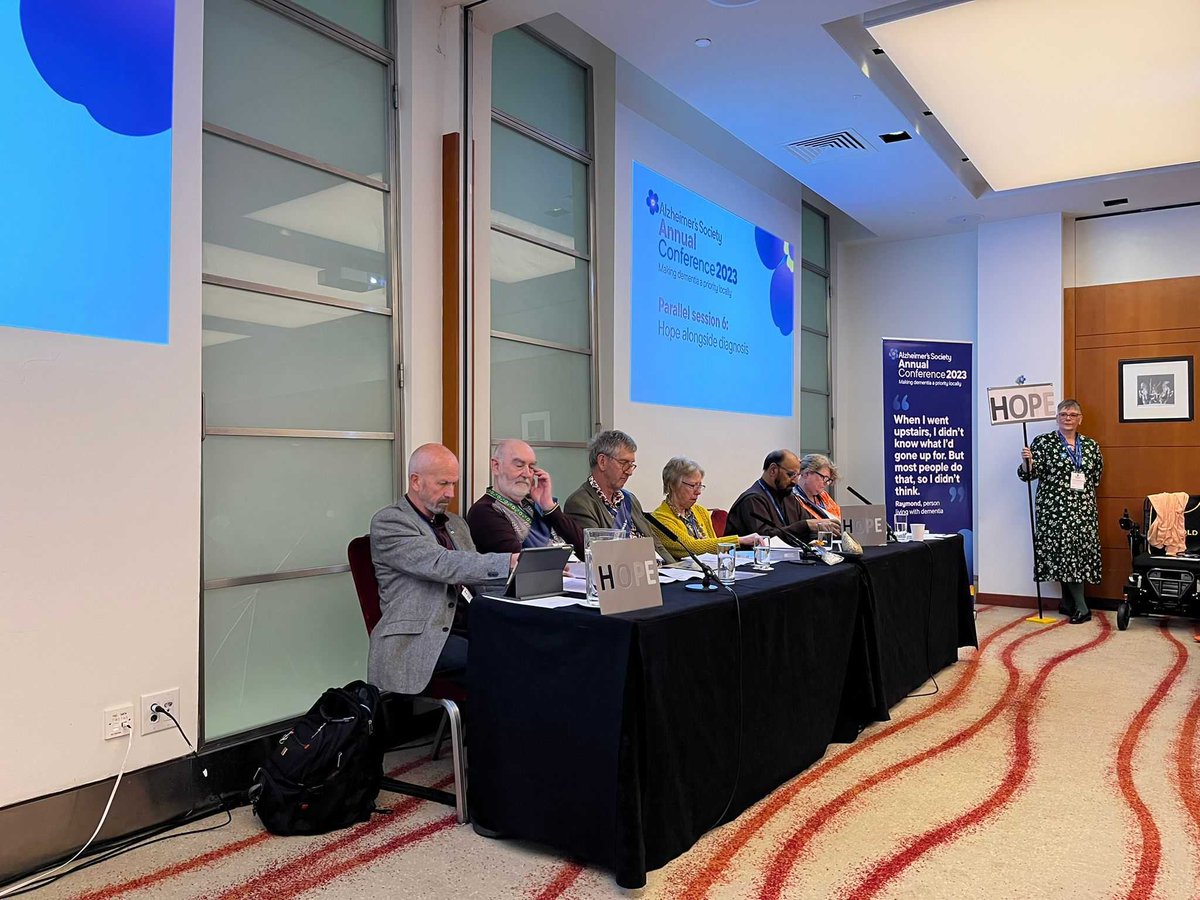 alzheimerssoc's tweet photo. Today’s ‘Hope alongside diagnosis’ session has been coproduced with people living with dementia.  

They’re speaking about the importance of involvement in enabling acceptance and growth after diagnosis, and sharing their own experiences. 

#ASAC2023 https://t.co/oNpAv52h2z