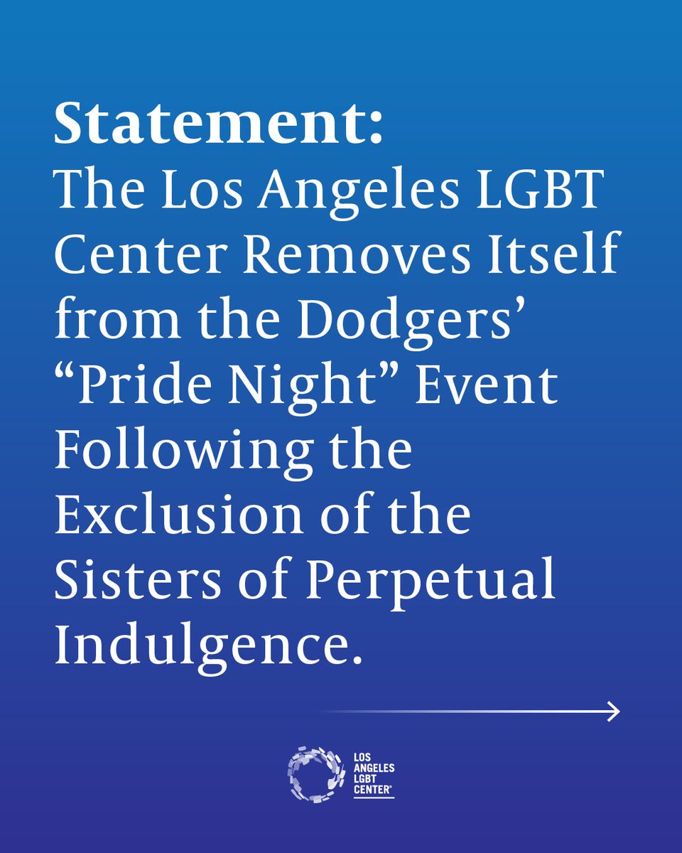 The @DodgersFdn rescinded their invitation to recognize the @LADragnuns at next month’s Pride Night. In return, the Los Angeles LGBT Center is demanding the Dodgers cancel their Pride Night unless they rectify this error. Read full statement here lalgbtcenter.org/about-the-cent…