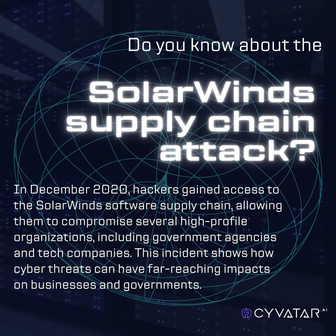 The SolarWinds supply chain attack was a wake-up call for businesses of all sizes. Contact us to learn how we can help you protect your business from supply chain attacks and other cyber threats. #SolarWinds #ThirdPartyRisk #CyberSecurity