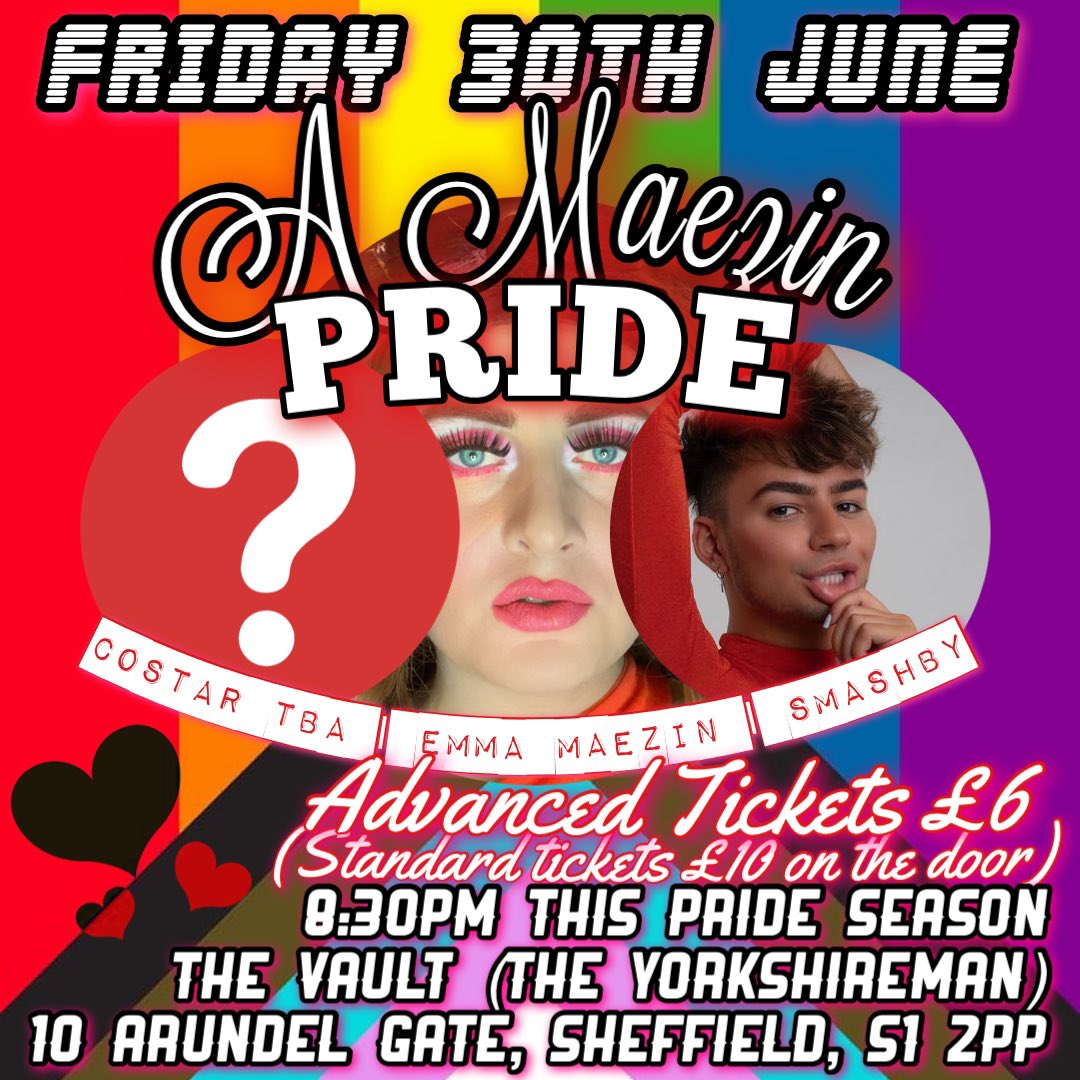 🏳️‍🌈 A Maezin Pride - A Camp Celebration of Pride 🏳️‍🌈 Celebrate this upcoming Pride season with myself and pride circuit extraordinaire @smashbyofficial, plus one more camp co-star to be announced on Friday 30th June. Book now 🏳️‍🌈 eventbrite.co.uk/e/a-maezin-eve… #SheffEvents @HelpSheffield