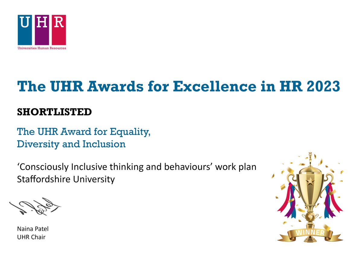 .@StaffsUni has been recognised as a finalist in @UHR_UK Awards in the award for Equality, Diversity and Inclusion category, recognising best practice in HR innovation and learning and highlight creativity and success across the HE sector. Congratulations to the team 🎉 🤞