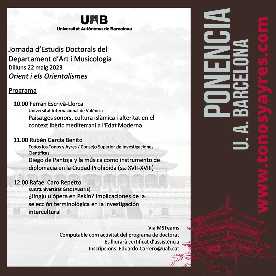 tonosyayres's tweet photo. 🎓 Ponencia: 'Diego de Pantoja y la música como instrumento de diplomacia en la Ciudad Prohibida (ss. XVII-XVIII)' en el programa de Doctorado en Historia del Arte y Musicología de @UABBarcelona
#TodosLosTonosYAyres #TonosYAyres #Todoslostonosyaires #Tonosyaires #DiegoDePantoja https://t.co/MNoeF5lAEu