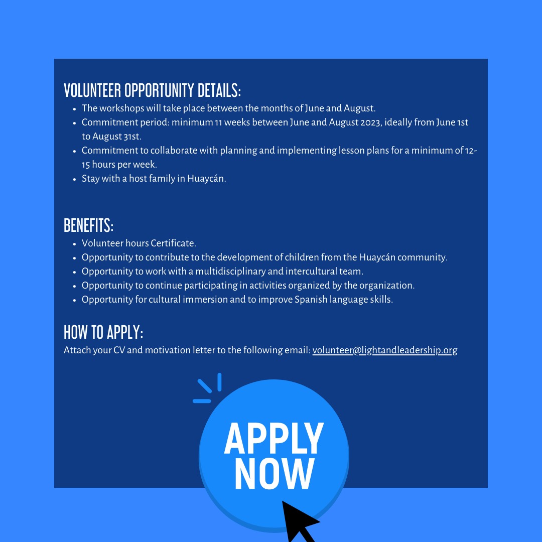 lliperu's tweet photo. 🔍 Open Position: 1 international volunteer 📚 "Vocabulary Teacher" 🗣️📝 How to Apply: Send CV and motivation letter to volunteer@lightandleadership.org 🌟🤝
#Volunteering #Vocabulary #EnglishEducation #Huaycán #InternationalVolunteers #Volunteers #Vocabularyteacher #lli #peru https://t.co/ima0LdSyRY