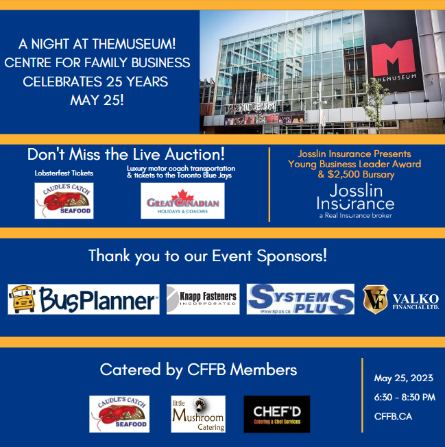 Celebrating CFFB's 25th anniversary and our members' milestone anniversaries! Dust off your 90's attire as we enjoy the Prosecco Bar and canapes and mocktails <a href="/CateringFungi/">LittleMushroom</a>, seafood and sushi station <a href="/CaudlesCatch/">Caudle's Catch</a> and dessert station <a href="/ChefDtv/">Darryl Fletcher</a>. Register at cffb.ca
