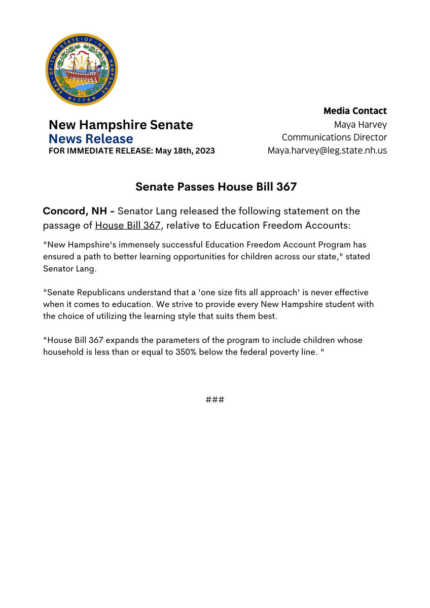 TheNHSenate's tweet photo. For Immediate Release: Senate Passes House Bill 367
(Link to Bill)
https://t.co/621Sr4CVwr
@tlangsr
#nhsenate #nhpolitics #nhsen #nh #hb367 https://t.co/lcpnVe8ICx