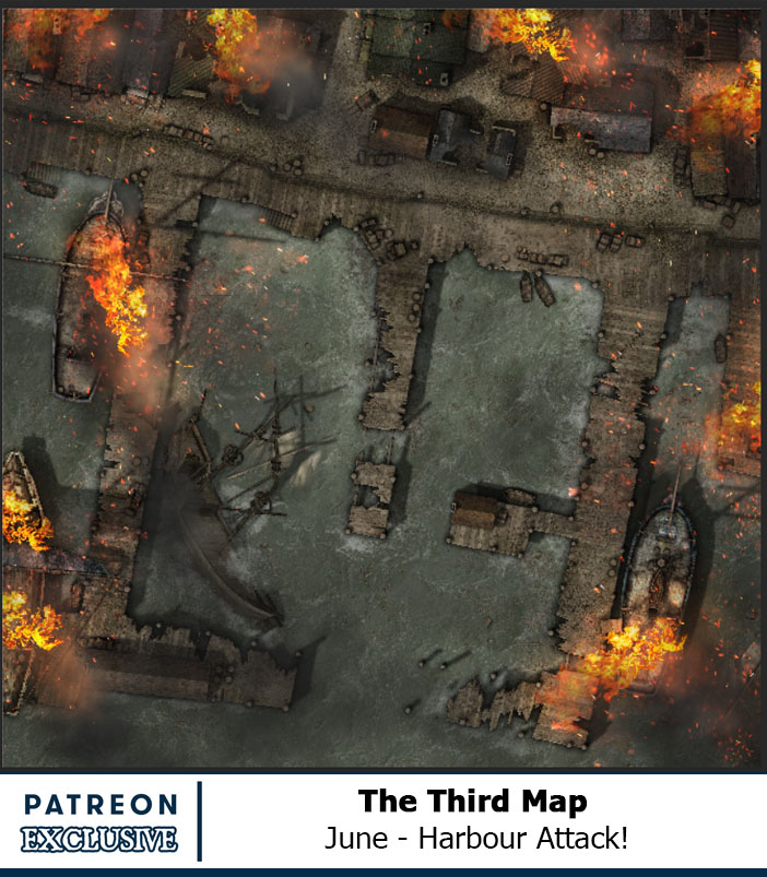 Just shared a preview of a harbour attack battlemap our Patrons will be getting at the start of next month, as part of their huge monthly reward bundle :)
