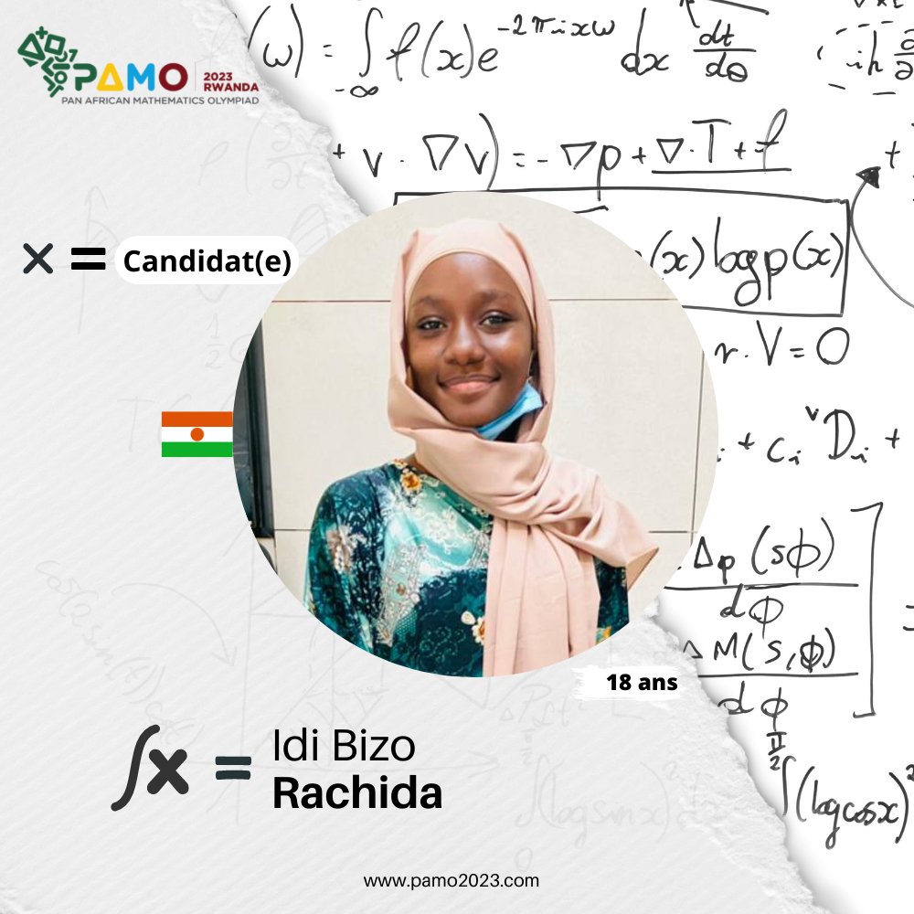 PamoNiger's tweet photo. 💡🧮📚🌍🏆🇳🇪 

Idi Bizo Rachida, représentante du Niger 🇳🇪 aux Olympiades Panafricaines de Mathématiques au Rwanda 🌍 du 13 au 22 Mai 2023 .  

Sa passion pour les chiffres et les énigmes lui permet de briller ✨

#PAMO2023 #FiertéNigérienne #TalentMathématique #Niger #STEM https://t.co/CoKjiI3a6p