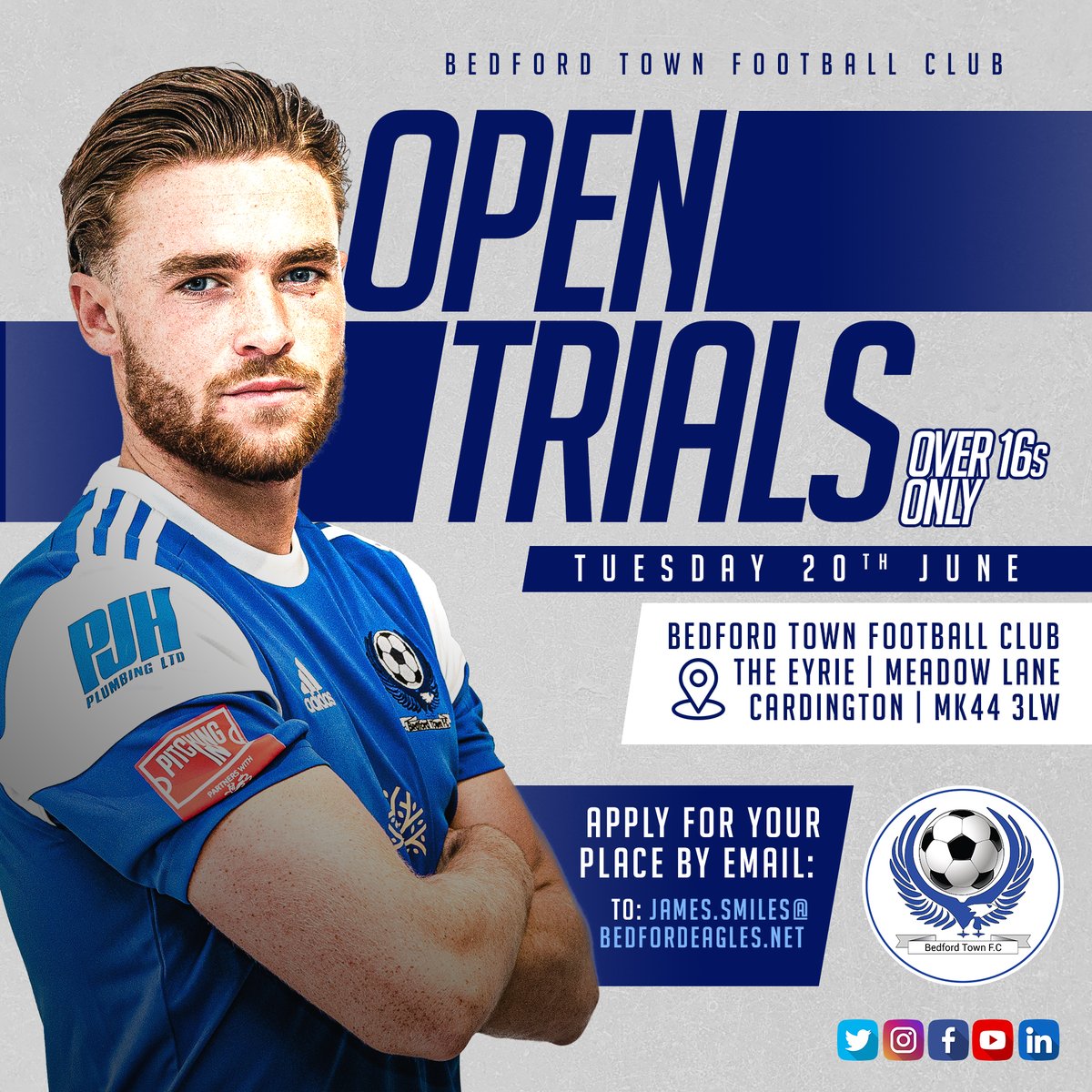 🦅 | 𝗢𝗽𝗲𝗻 𝗧𝗿𝗶𝗮𝗹𝘀 ⚽ BTFC will be holding open trials on Tuesday 20th June, prior to the 2023/24 season ✍️ Players must apply in writing to be considered. Please apply via email to 👇 📩 james.smiles@bedfordeagles.net More info pitchero.com/clubs/bedfordt…