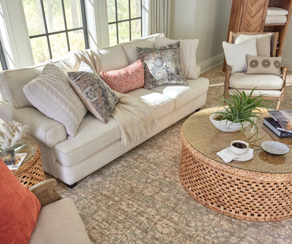 karastan's tweet image. Create a space that attracts all of your senses through the use of textures, colors and patterns. Let it entice you to settle in with your morning coffee and start your day off right.

#LiveBeautifully with Collins in Timeless
Explore #SmartStrand carpets: bit.ly/3pyW6nd