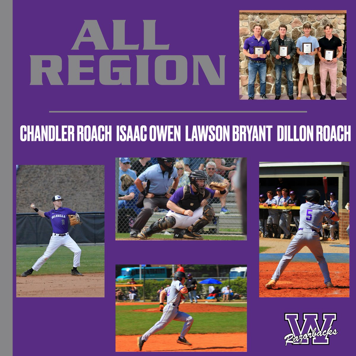WalhallaBsbll's tweet photo. Huge congrats to our four 1-AAA All-Region selections! 
@ChandlerRoach8 @DillonRoach09 @LawsonBryant8 @Tristan_Owen https://t.co/VKfiNHJzw1