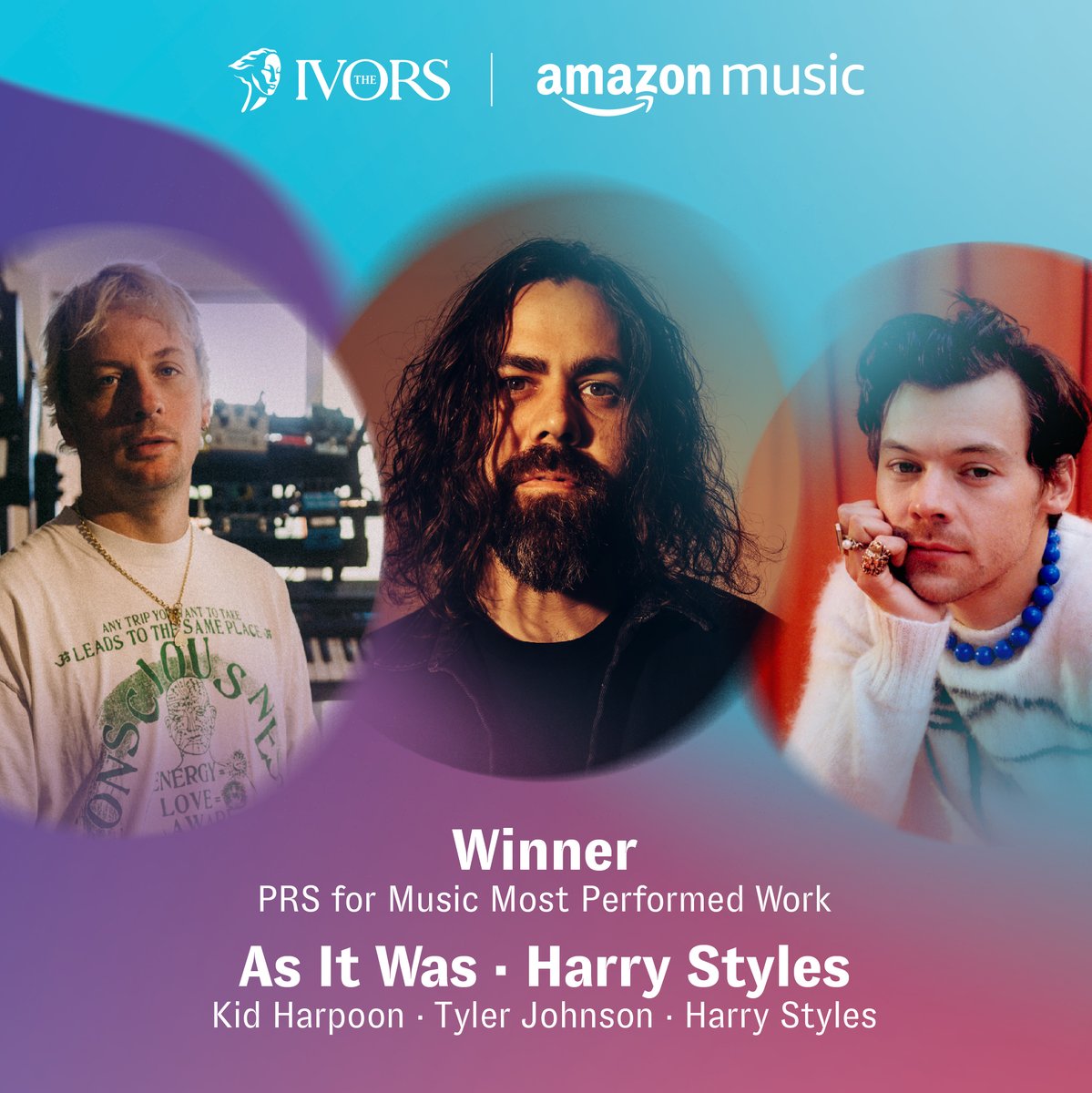 The Ivor for Most Performed Work with @PRSforMusic goes to... As It Was written by @kidharpoon, Tyler Johnson and @Harry_Styles 🎤

#TheIvors